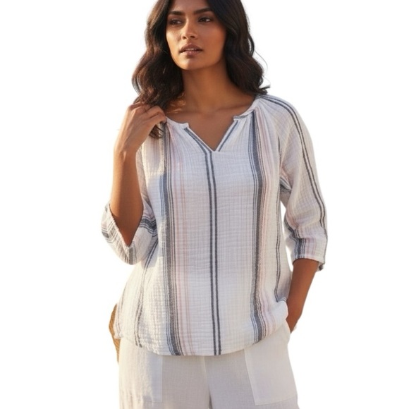 beachlunchlounge Tops - Beach Lunch Lounge Medium Cotton Pastel Stripe Neutral Shirt Coastal Casual Soft